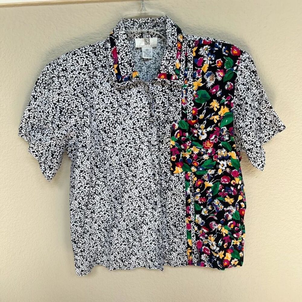 Vintage Illustrations Floral Patchwork Rayon Short Sleeve Blouse Size 12